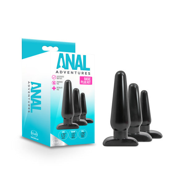 Anal Adventures Basic Plug Kit - Black Butt Plugs - Set of 3 Sizes Blush Novelties